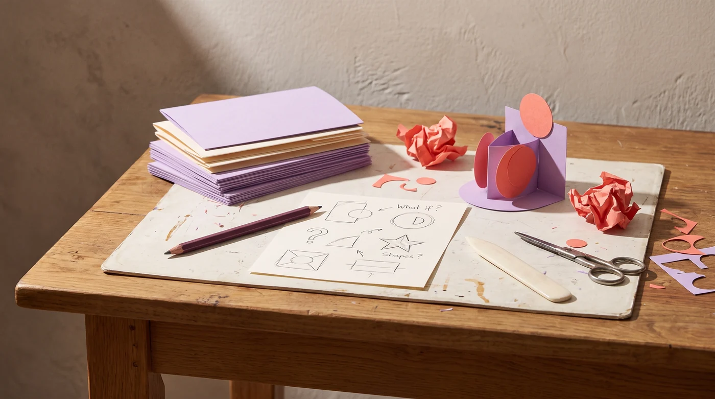 Good things start with “what if?” Folded paper forms, cut flowers and lilac card on the studio table.