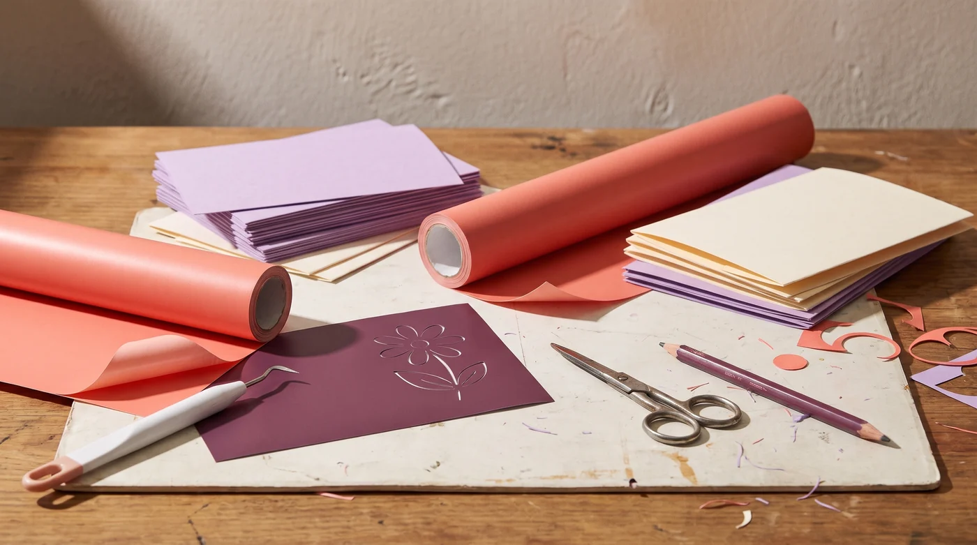 Vinyl rolls, card stacks and cutting tools on an ivory work mat.