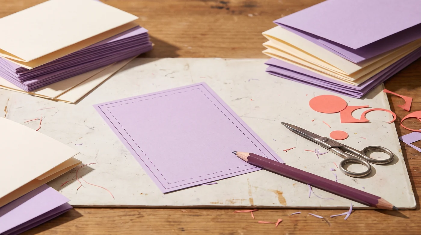 A lilac card panel with a dashed inset line beside card stacks.