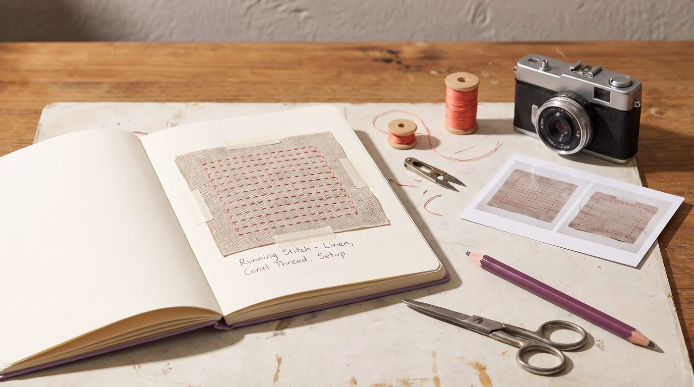 Give a stitch sample its own notebook page An embroidered linen sample, thread spools and a camera beside a notebook.
