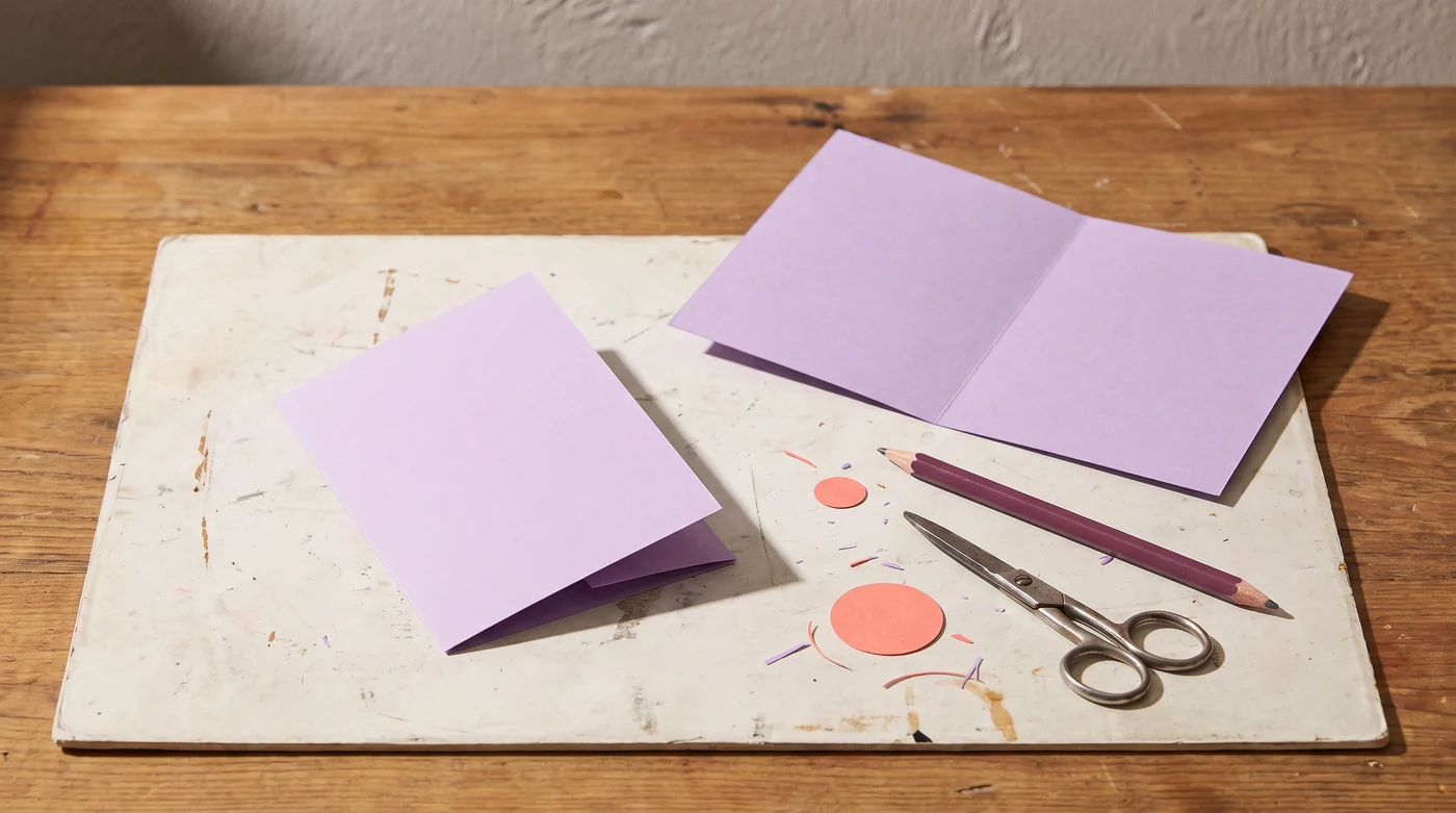 Work backward from the closed card Flat and folded lilac greeting cards beside a pencil and scissors.