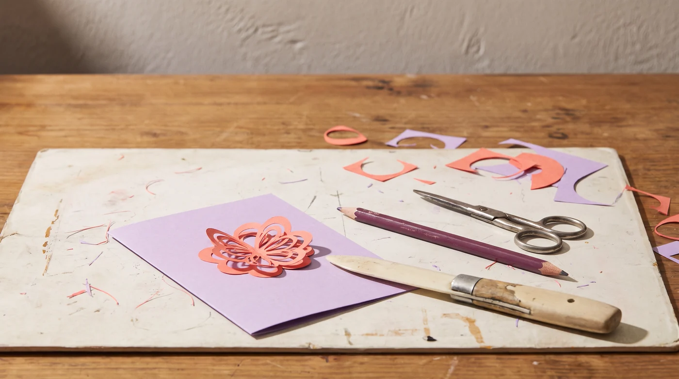 A paper practice flower, card offcuts and a craft knife on the studio table.