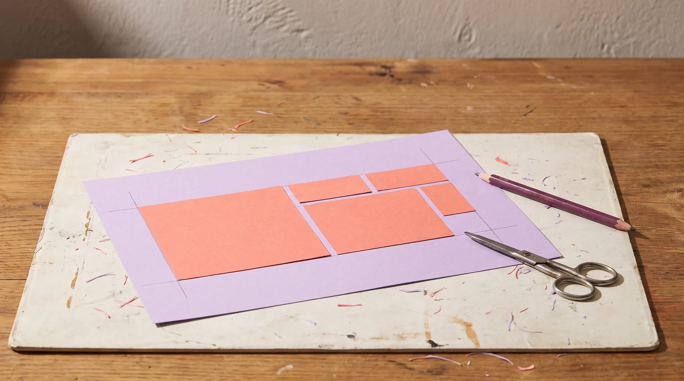 Coral paper rectangles nested on a lilac sheet beside scissors.