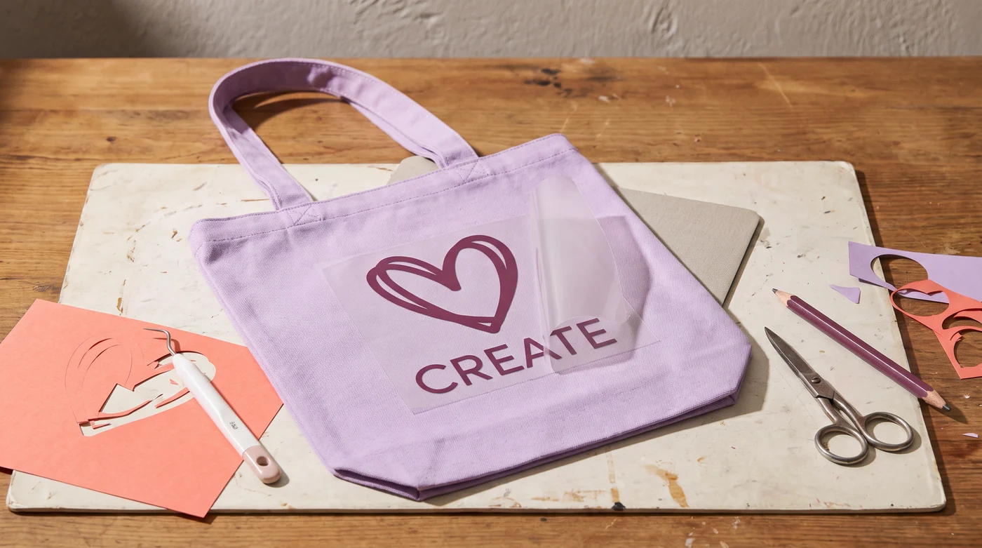 Adhesive vinyl or iron-on: start with the object A lilac fabric tote beside vinyl scraps and a weeding tool.