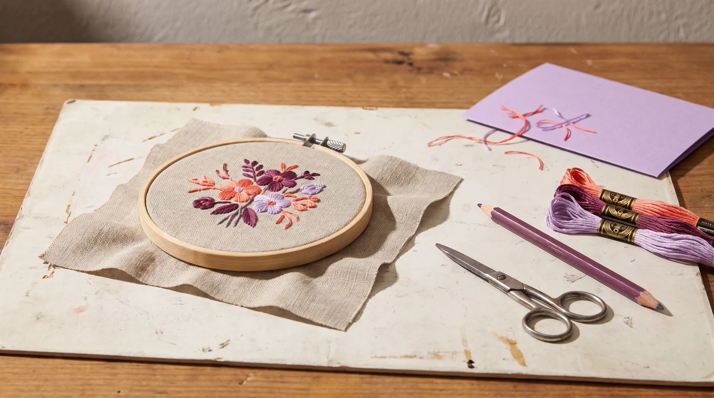 Embroidery & stitch Floral embroidery in a wooden hoop beside thread and scissors.