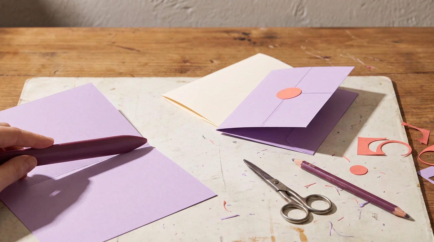A hand creasing a lilac card beside a finished folded card.