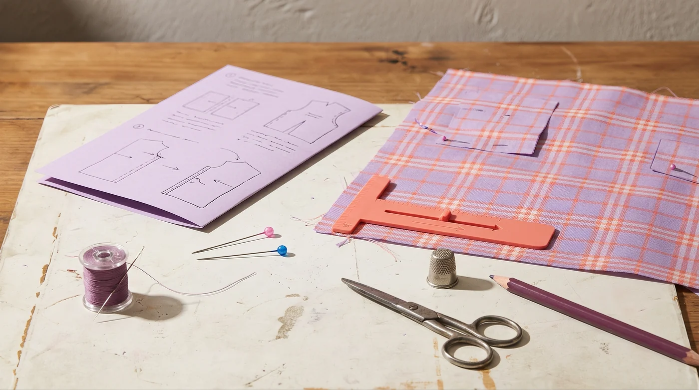 Beginner sewing Folded fabric, pins, thread and a sewing plan on the craft table.