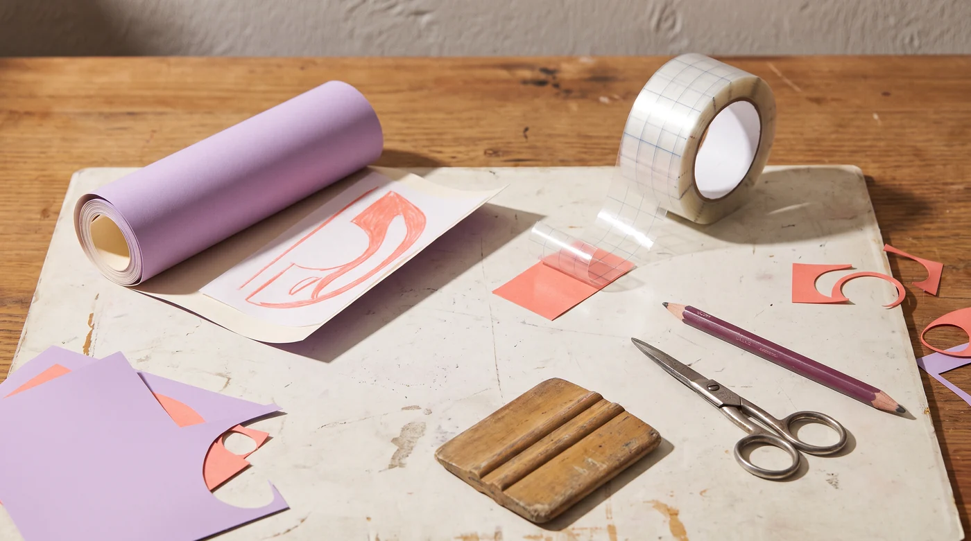 Adhesive vinyl Adhesive vinyl, transfer tape and a small squeegee on the work mat.