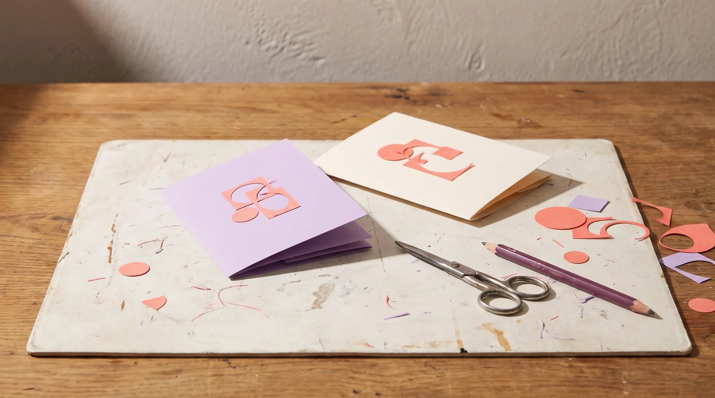 Folded lilac and cream cards with coral cutouts on the familiar ivory craft mat. Folded lilac and cream cards with coral cutouts on the familiar ivory craft mat.