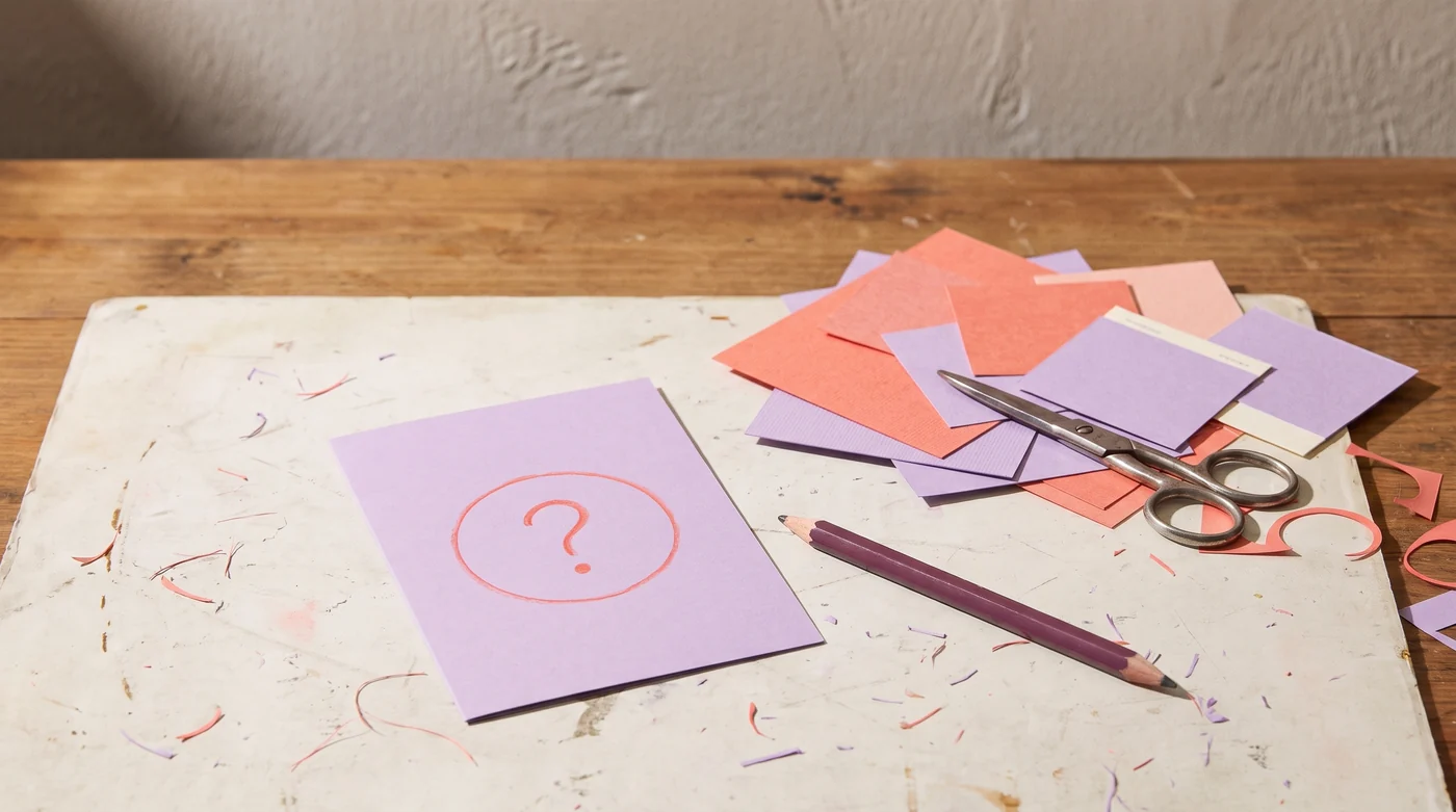 Card scraps and a question-mark card on the craft work mat.