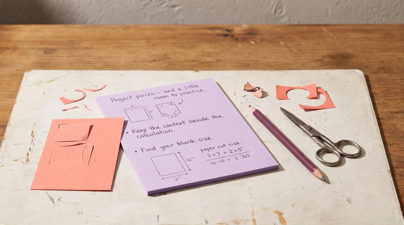 Project sketches and card offcuts on the ivory work mat.